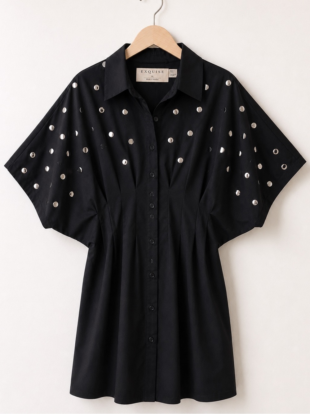 EXQUISE Black Studded Dress XL Silver Mirror Stud Dolman Sleeve Cocktail Dress